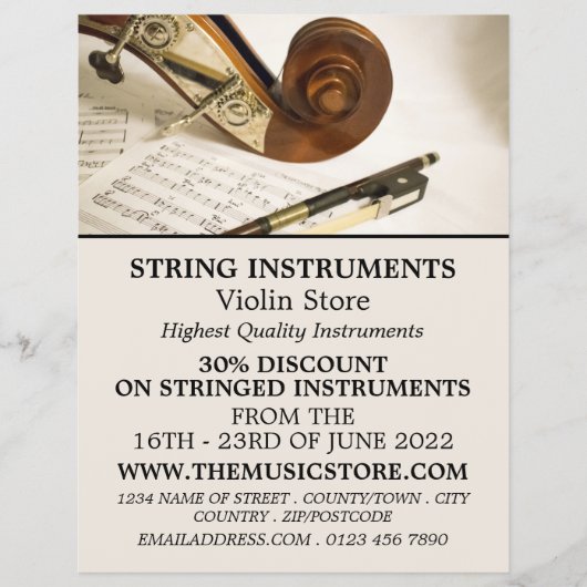 Violin Note Sheet, Musical Instrument Store Flyer (Voorkant)