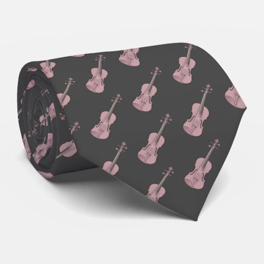 Violin Pattern - Roze en donkergrijs Stropdas (Opgerold)