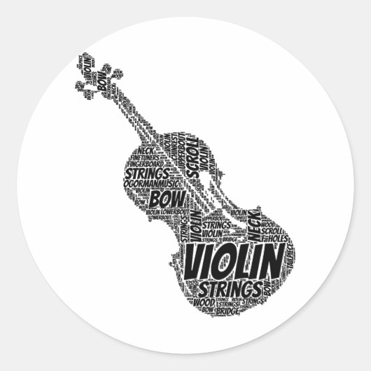 Violin Shaped Word Art zwarte tekst Ronde Sticker (Voorkant)