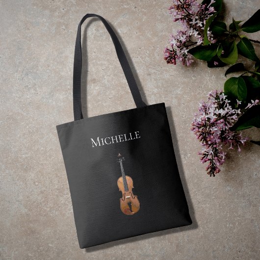 Violin Simple Monogram Music Black Tote Bag