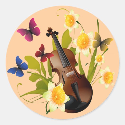 VIOLIN, STROMEN EN BUTTERFLIES RONDE STICKER (Voorkant)