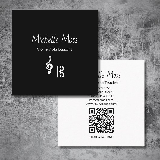 Violin Viola Music Lessons QR code Black White Vierkante Visitekaartje
