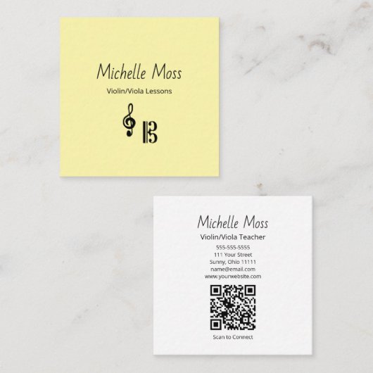 Violin Viola Music Lessons QR code Yellow Musical Vierkante Visitekaartje (Voorkant / Achterkant)