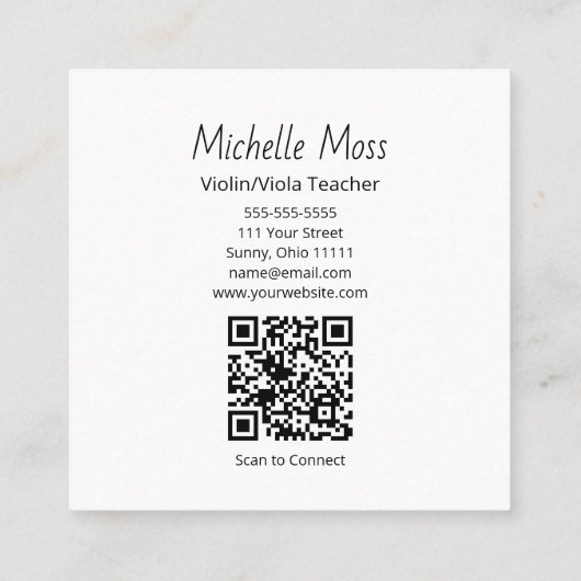 Violin Viola Music Lessons QR code Yellow Musical Vierkante Visitekaartje (Achterkant)