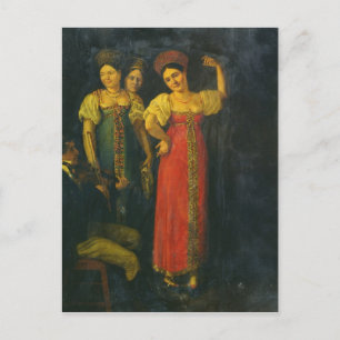 Violinist en drie vrouwen dansen briefkaart