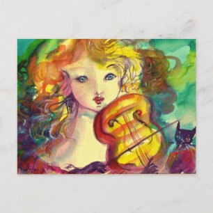 VIOLINIST GIRL, VIOLIN EN CAT BRIEFKAART