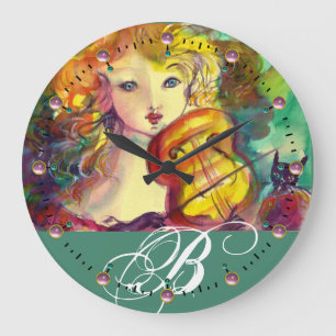 VIOLINIST GIRL, VIOLIN EN CAT-MONOGRAM GROTE KLOK