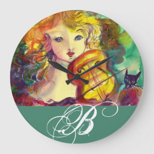 VIOLINIST GIRL, VIOLIN EN CAT-MONOGRAM GROTE KLOK