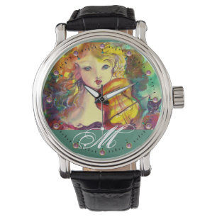 VIOLINIST GIRL, VIOLIN EN CAT-MONOGRAM HORLOGE