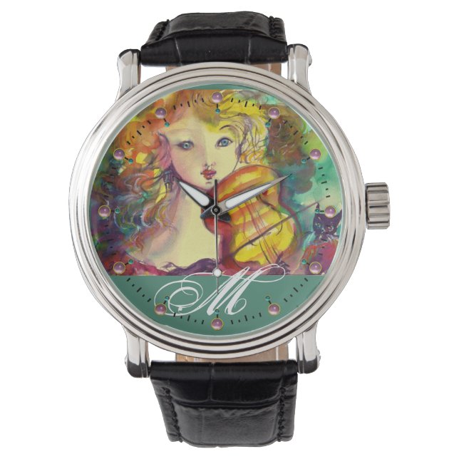 VIOLINIST GIRL, VIOLIN EN CAT-MONOGRAM HORLOGE (Voorkant)
