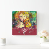 VIOLINIST GIRL, VIOLIN EN CAT-MONOGRAM VIERKANTE KLOK (Huis)