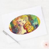 VIOLINIST GIRL, VIOLIN EN CAT OVALE STICKER (Envelop)