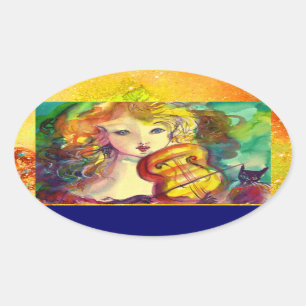VIOLINIST GIRL, VIOLIN EN CAT OVALE STICKER