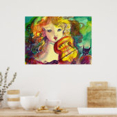 VIOLINIST GIRL, VIOLIN EN CAT POSTER (Keuken)