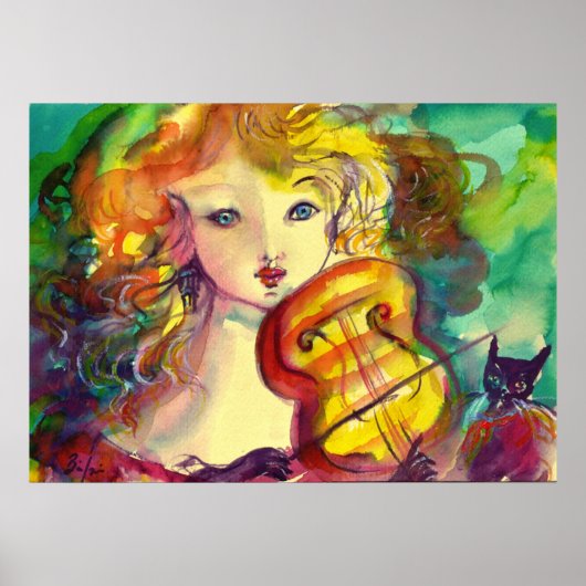VIOLINIST GIRL, VIOLIN EN CAT POSTER (Voorkant)