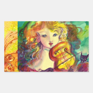 VIOLINIST GIRL, VIOLIN EN CAT RECHTHOEKIGE STICKER