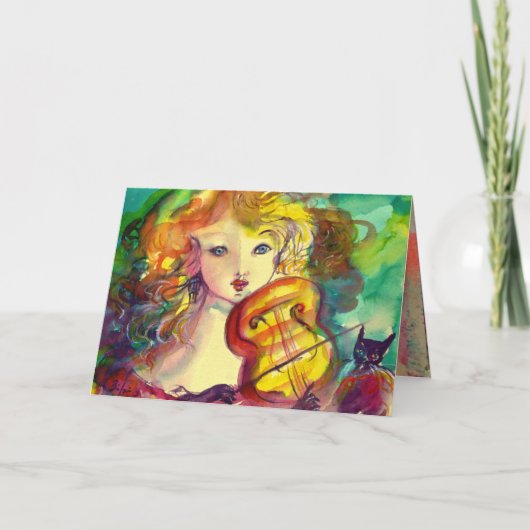 VIOLINIST GIRL, VIOLIN EN CAT-Vaderdag Kaart (Voorkant)