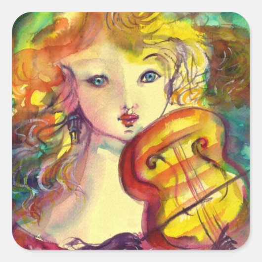 VIOLINIST GIRL, VIOLIN EN CAT VIERKANTE STICKER (Voorkant)