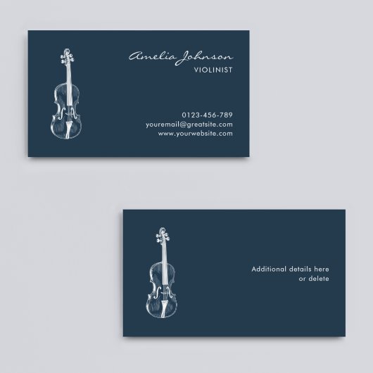 Violinist Navy Blue Elegant Script Music Teacher Visitekaartje