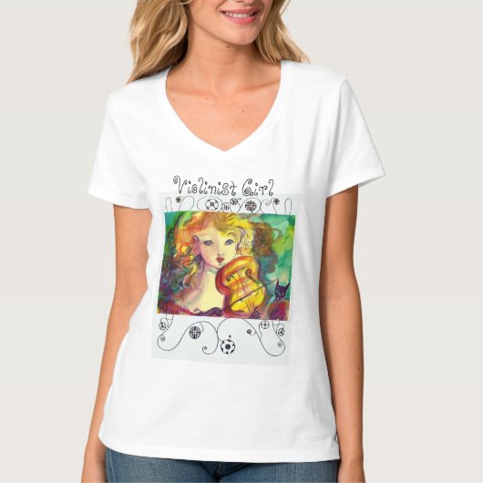 VIOLIST MEISJE, VIOOL EN KAT Geometrische wervelin T-shirt (Voorkant)