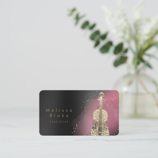 violist roze waterverf zwart visitekaartje (Staand voorkant)