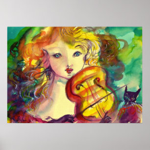 VIOLISTE MEISJE, VIOOL EN KAT POSTER