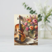Viool, Bladmuziek en een Vaas van Bloemen Briefkaart (Staand voorkant)
