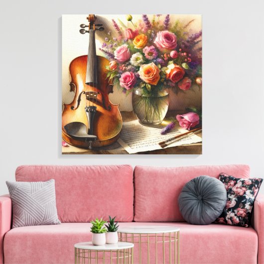 Viool, Bladmuziek en een Vaas van Bloemen Canvas Afdruk (Insitu (Woonkamer))