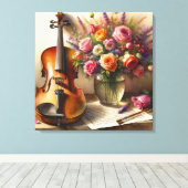 Viool, Bladmuziek en een Vaas van Bloemen Canvas Afdruk (Insitu (Houten vloer))
