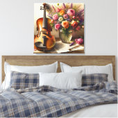 Viool, Bladmuziek en een Vaas van Bloemen Canvas Afdruk (Insitu (Slaapkamer))