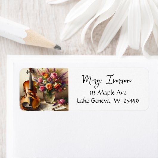 Viool, Bladmuziek en een Vaas van Bloemen Etiket (Insitu)