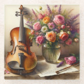 Viool, Bladmuziek en een Vaas van Bloemen Glazen Onderzetter (Voorkant)