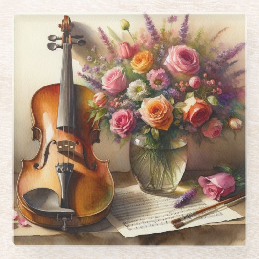 Viool, Bladmuziek en een Vaas van Bloemen Glazen Onderzetter (Voorkant)