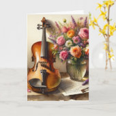 Viool, Bladmuziek en een Vaas van Bloemen Kaart (Gele Bloem)