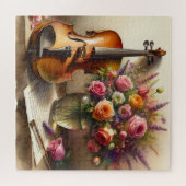 Viool, Bladmuziek en een Vaas van Bloemen Legpuzzel (Horizontaal)