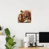 Viool, Bladmuziek en een Vaas van Bloemen Poster (Thuiskantoor)