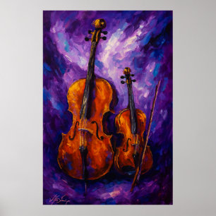 Viool en Cello tegen Paarse Achtergrond Poster