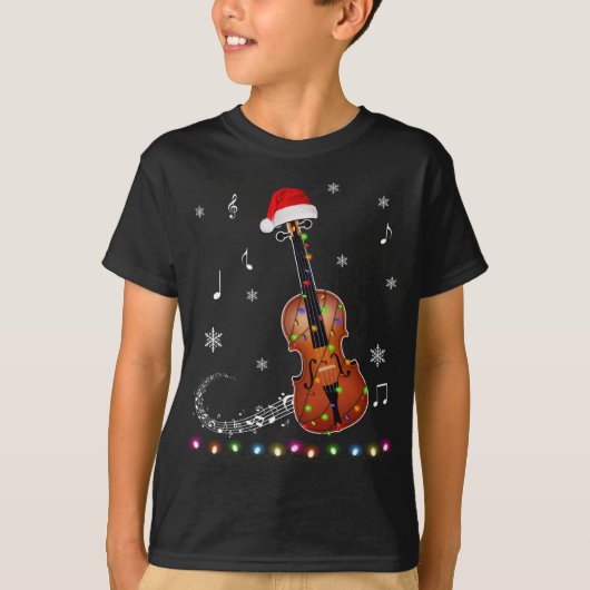 Viool Instrument Kabouterhoed Kerstlichtjes Kerstm T-shirt (Voorkant)