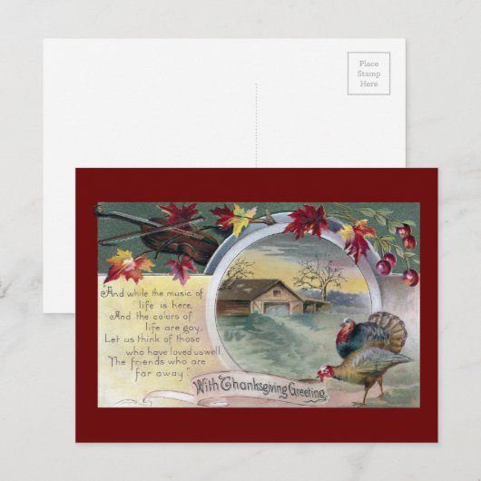 viool, kalkoenen en schuur  Thanksgiving Feestdagenkaart