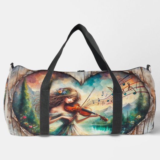 Viool Muziek Rustiek Hart Meisje Groot Plunjezak (Voorkant)