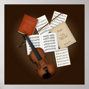 Viool op een stapel muziek scoort poster