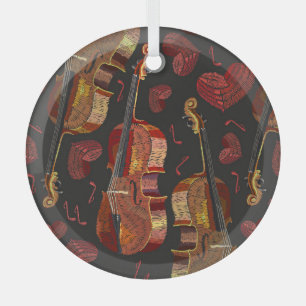 Viool rood hart muziek patroon glas ornament