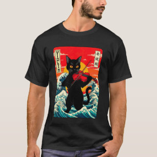 Viool spelende kat Japanse Retro Oceaan Golf Zonso T-shirt