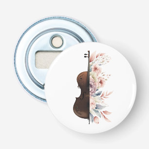 Viool tussen de bloemen. Boeket bloemen. Button Flesopener