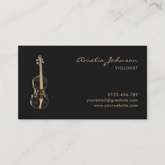 Viool Zwart Goud Elegante Moderne Muziek Leraar Visitekaartje (Voorkant)