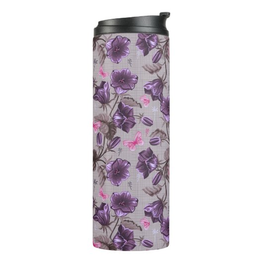 vioolbuisjes en roze vlinderpatroon thermosbeker (Gedraaid links)