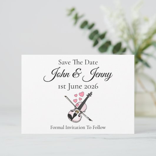 Vioolmuzikant bruiloft save the date (Staand voorkant)