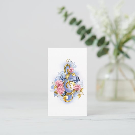 Vioolsleutel met roze rozen kortingskaartje (Staand voorkant)