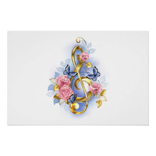Vioolsleutel met roze rozen perfect poster