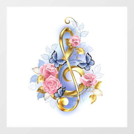 Vioolsleutel met roze rozen raamsticker (Vel)
